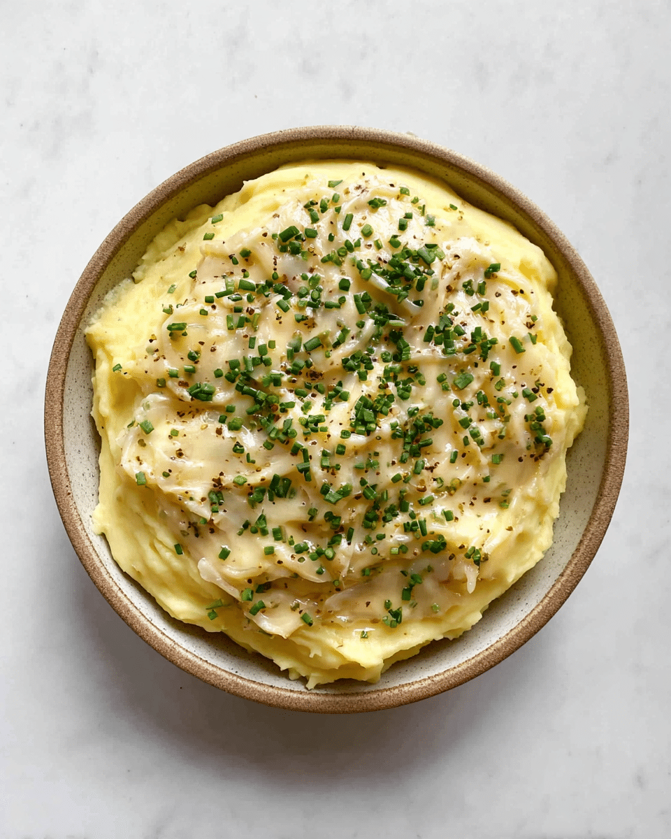 A shallow rustic bowl holds a creamy yellow base layer of smooth mashed potatoes, topped with a thick, light beige sauce filled with cooked translucent onion slices and specks of black pepper and mustard seeds, all sprinkled generously with finely chopped green herbs, likely chives. The sauce spreads unevenly over the top, allowing parts of the mashed potatoes to show around the edges. The bowl sits on a surface with a white marbled texture. photo taken with an iphone --ar 4:5 --v 7