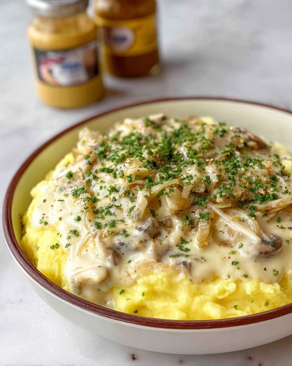 A close-up photo of a white bowl with a brown rim filled with soft yellow mashed potatoes as the bottom layer, topped with a creamy white mushroom sauce with sliced onions and specks of mustard seeds, sprinkled generously with finely chopped green herbs on top, all placed on a white marbled surface with two blurred jars of mustard in the background, photo taken with an iphone --ar 4:5 --v 7