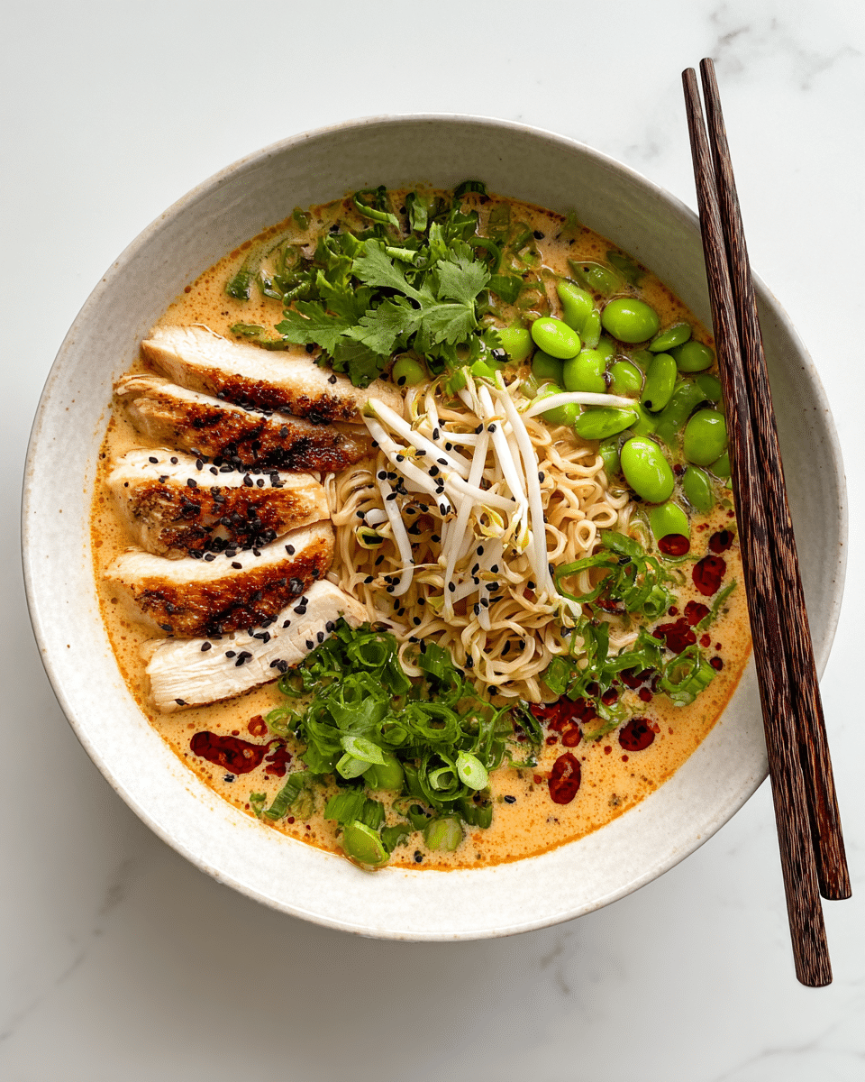 A round white bowl holds a creamy orange broth as the base layer, partially filling the bowl. On top, neatly arranged in sections around the edge, are five slices of light golden-brown grilled chicken breast, bright green chopped scallions, fresh green cilantro leaves, white bean sprouts, and shiny green edamame beans. In the center, there is a nest of light tan ramen noodles coated with some broth, sprinkled with black sesame seeds and small dollops of spicy-looking red chili oil. A pair of dark brown wooden chopsticks rest on the edge of the bowl. The bowl is placed on a white marbled surface. photo taken with an iphone --ar 4:5 --v 7