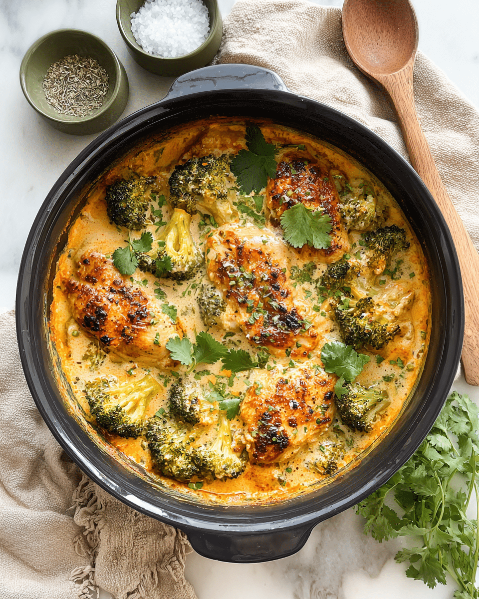 The image shows a black pot filled with a creamy baked dish composed of several layers. The bottom layer seems to be a rich, light orange creamy sauce. On top, there are five pieces of browned, baked chicken breasts coated with the sauce, showing some charred spots. Around the chicken are several pieces of roasted broccoli, green with slightly charred yellow edges. Fresh green cilantro leaves are scattered on top, adding a touch of color. The pot sits on a beige cloth on a white marbled surface, next to two small green bowls containing white grains of salt and mixed dried herbs. A wooden spoon and sprigs of fresh cilantro are placed nearby. photo taken with an iphone --ar 4:5 --v 7