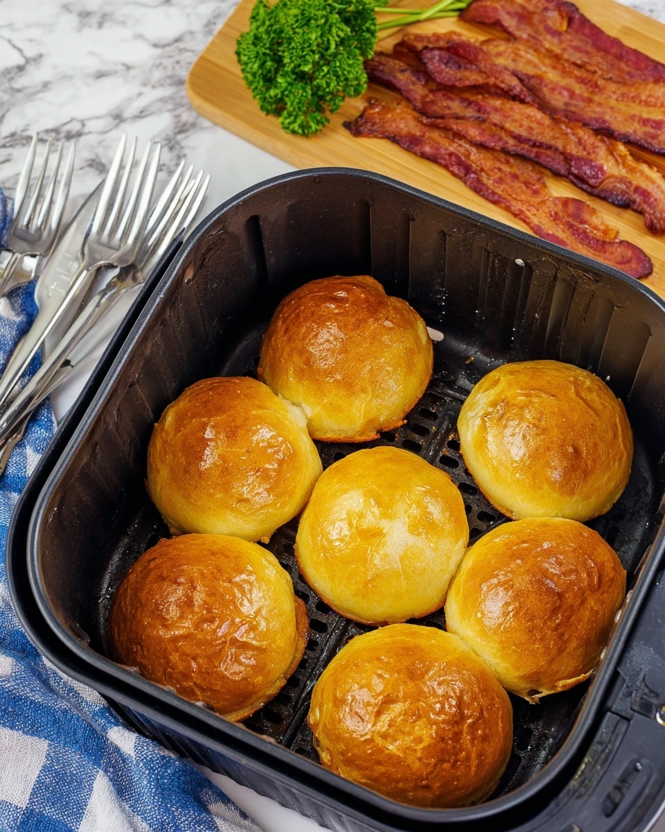 A close-up of a golden brown baked roll with a glossy, slightly crispy crust, split open to reveal a filling of fluffy, bright yellow scrambled eggs mixed with small pieces of pinkish-red cooked bacon. The roll has a soft, layered texture inside, with the filling sitting in a small cavity at the top center. Surrounding the main roll, there are other similar baked rolls with shiny golden crusts, placed on a white marbled surface. A silver fork lies partially visible in the lower left corner near the roll. Photo taken with an iphone --ar 4:5 --v 7