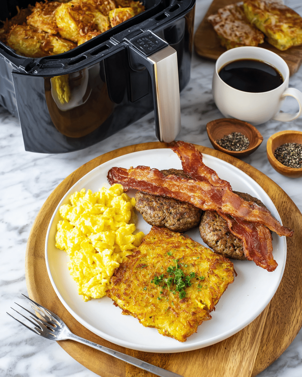 The image shows a close-up of a square-shaped golden hash brown being lifted with a metal spatula from a black air fryer basket. The hash brown has a crispy texture with varied shades of golden brown and light yellow on its surface. Small green parsley bits are scattered on top, giving a fresh look. In the background, more hash browns with the same texture and color fill the basket. The scene sits on a white marbled texture, with part of a white plate holding bacon strips blurred in the back. photo taken with an iphone --ar 4:5 --v 7