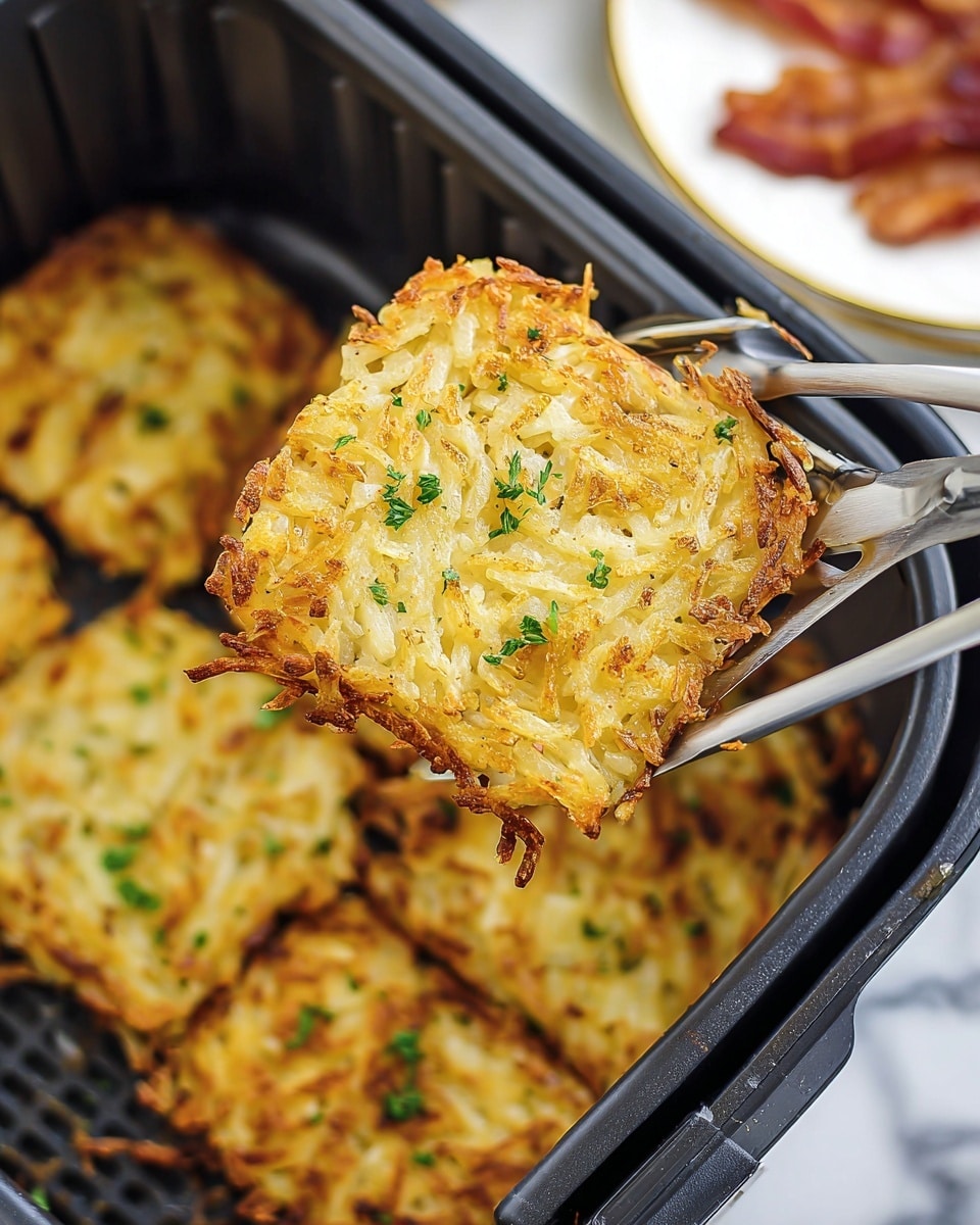 A white plate holds a breakfast with four main parts: a golden, crispy square hash brown with some green garnish on top at the bottom center; to the left, bright yellow scrambled eggs with a soft, fluffy texture; on the right side, two browned sausage patties with a slightly uneven surface; and on top of the patties, two long, crispy strips of bacon with reddish-brown and pink colors. The plate sits on a wooden board with a silver fork resting next to it. Nearby, there is a black air fryer basket filled with more golden crispy hash browns, a white cup filled with black coffee, and small wooden bowls of black pepper and salt on a white marbled surface. A woman’s hand is not visible in the image. photo taken with an iphone --ar 4:5 --v 7