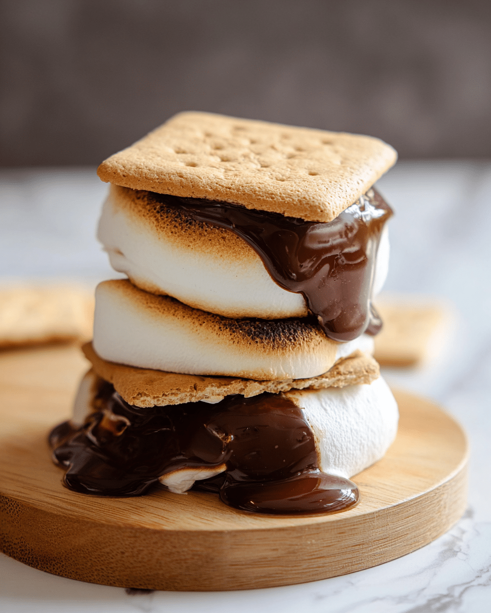 The image shows a tall s'mores stack with three main layers. The bottom layer is a large, lightly toasted marshmallow with a slightly cracked, white surface, partially melting over a pool of glossy, melted dark chocolate dripping down the side. Above that is a middle layer of a thinner toasted marshmallow with a golden-brown top, sandwiched between a square cracker and melted chocolate that is oozing out a bit. The top layer is a square, light brown graham cracker sitting over a thick, puffy white toasted marshmallow with a smooth surface and melting chocolate peeking out from under the edges. The s'mores rest on a round wooden board with a white marbled texture in the background, with soft lighting highlighting the gooey, rich textures. Photo taken with an iphone --ar 4:5 --v 7