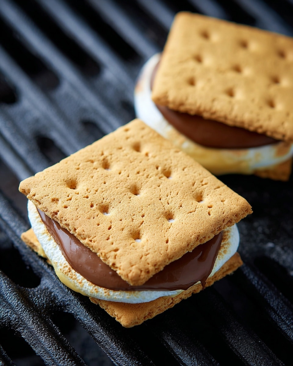 The image shows two s'mores on a black grill surface, each made of three layers: a golden toasted marshmallow on the bottom with a slightly crispy, white, and bubbly texture, a smooth layer of melted chocolate in the center, and a square light brown graham cracker with small holes on top. The s'mores are close to each other, with one more in the foreground and the other slightly blurred in the background. Photo taken with an iphone --ar 4:5 --v 7
