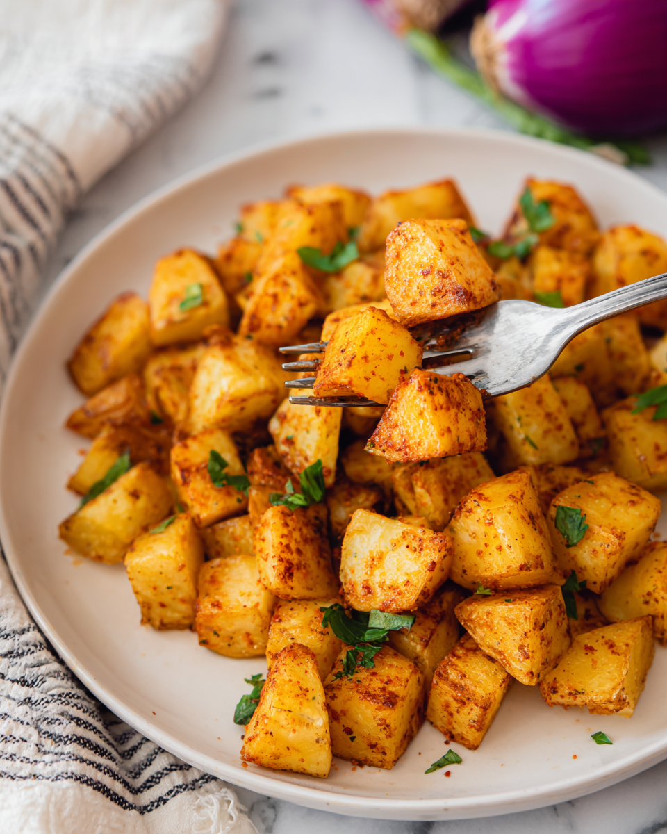 A wooden spoon holds a close-up of small, golden-brown roasted potato cubes, each piece showing a crispy texture with bits of seasoning and small green parsley leaves scattered on top. In the background, more of these potato cubes fill a dark air fryer or pan, creating a warm, textured surface of roasted pieces with varying shades of golden yellow and brown. The contrast of the crisp potatoes against the dark base makes the food stand out clearly. photo taken with an iphone --ar 4:5 --v 7