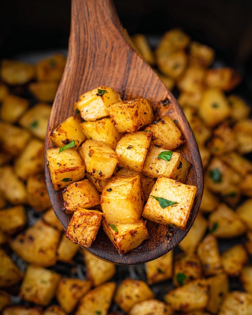 The image shows a white round plate filled with golden brown roasted potato cubes, each piece crispy on the outside and seasoned with orange spices. Small green parsley leaves are scattered over the potatoes for a fresh touch. A silver fork is lifting a few pieces of the potatoes above the plate, showing their crunchy texture. The background has a white marbled surface with a hint of a striped cloth on the side and part of a purple and white vegetable visible near the top right corner. photo taken with an iphone --ar 4:5 --v 7