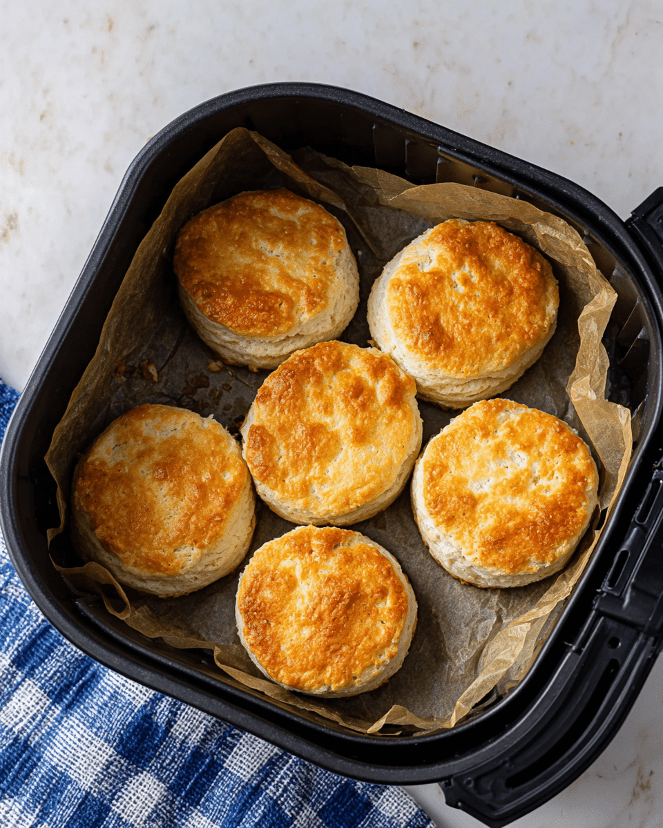 The image shows six round biscuits with a golden-brown top and a slightly lighter, flaky middle layer inside a black air fryer basket lined with parchment paper. The biscuits are arranged closely together, filling most of the basket. The air fryer basket is placed on a white marbled surface with a blue and white checkered cloth visible at the corner. photo taken with an iphone --ar 4:5 --v 7
