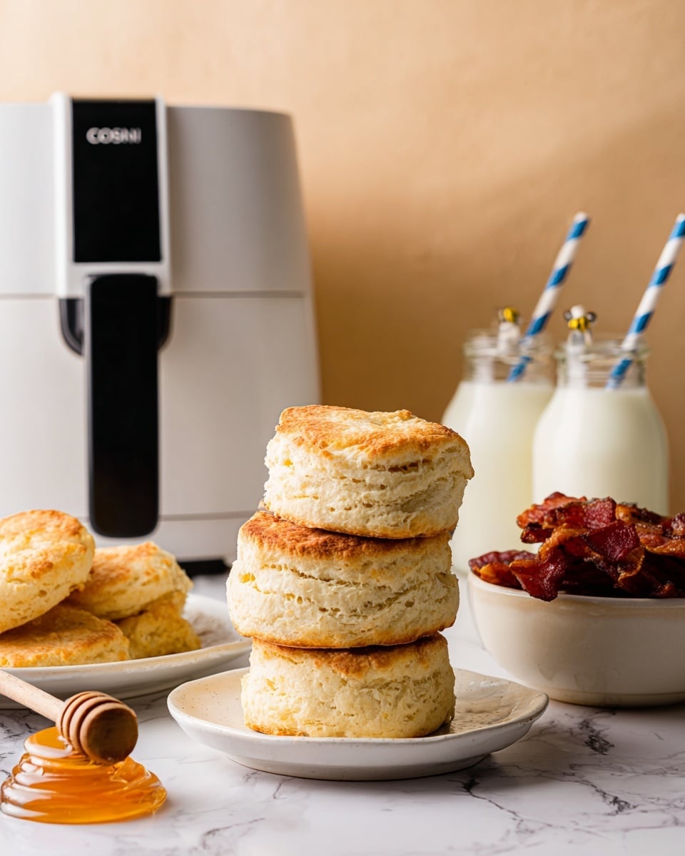 The image shows a stack of three golden brown biscuits with a soft, fluffy texture and slightly cracked edges, placed in the center on a white marbled surface. To the left, there is a white plate holding more golden biscuits with the same texture. On the right side, a white bowl is filled with crispy, dark reddish-brown bacon strips. Behind the bacon bowl, there is a small honey pot shaped like a beehive with a tiny bee decoration on top and a wooden honey dipper. Further back, two glass jars filled with milk are visible, each topped with a silver lid and a blue and white striped straw. The background is a warm beige color, and a modern white air fryer with a black top panel is partially visible behind the biscuits. photo taken with an iphone --ar 4:5 --v 7