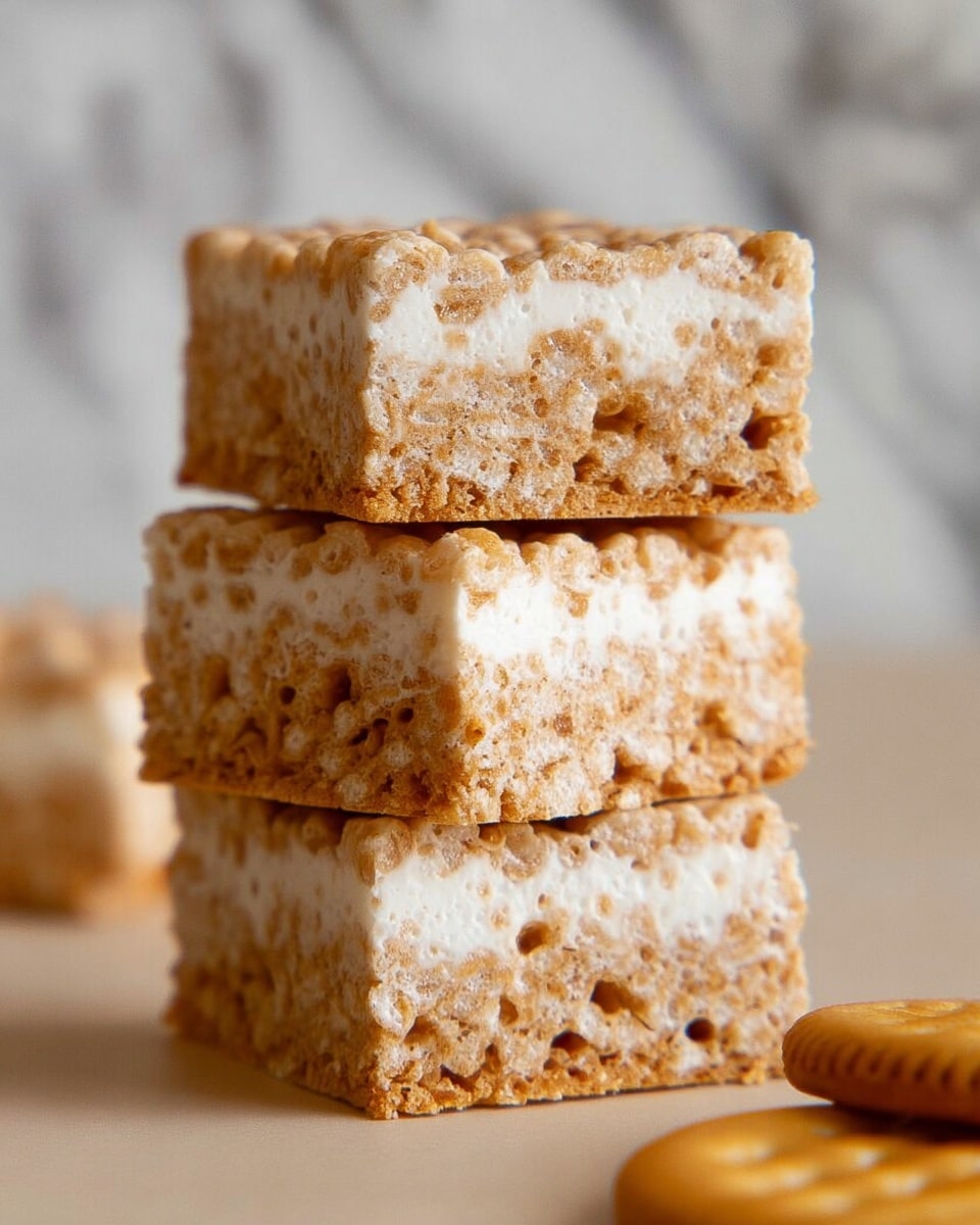 A close-up image of three stacked square snack bars, each bar having two visible layers: a light brown, textured crispy base layer with small holes and puffed rice pieces, and a smooth, white creamy top layer. The stack is on a beige surface with a blurred white marbled texture background. A single round biscuit with a patterned edge is partially visible at the bottom right corner. The photo is focused on the stacked bars, showing the contrast between the crunchy texture and smooth creamy top. photo taken with an iphone --ar 4:5 --v 7