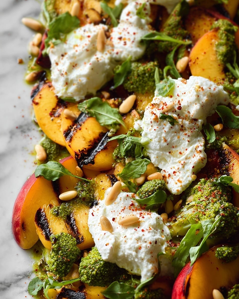 The dish shows a close-up of grilled peach slices with visible char marks, layered with dollops of soft white burrata cheese on top. Scattered around are small green broccoli florets coated with a thick green pesto sauce. The dish is sprinkled with pine nuts and fresh green herb leaves, adding texture and color contrast. Red spices are lightly dusted over the cheese, enhancing the visual appeal. The whole mix rests on a white marbled surface. photo taken with an iphone --ar 4:5 --v 7