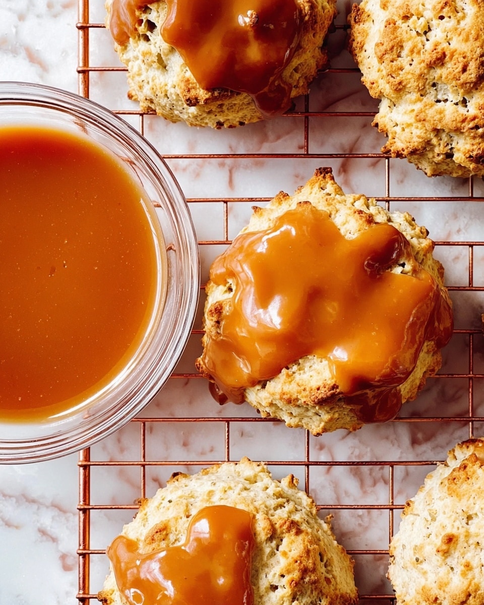 The image shows round scones with a rough golden-brown texture, placed on a copper wire cooling rack. Each scone has a shiny, smooth, caramel-colored glaze generously spread on top, flowing unevenly over the edges. To the left, there is a transparent round bowl filled with the same caramel glaze. The background surface is a white marbled texture. The colors contrast between the warm caramel glaze and the baked scone tops. photo taken with an iphone --ar 4:5 --v 7