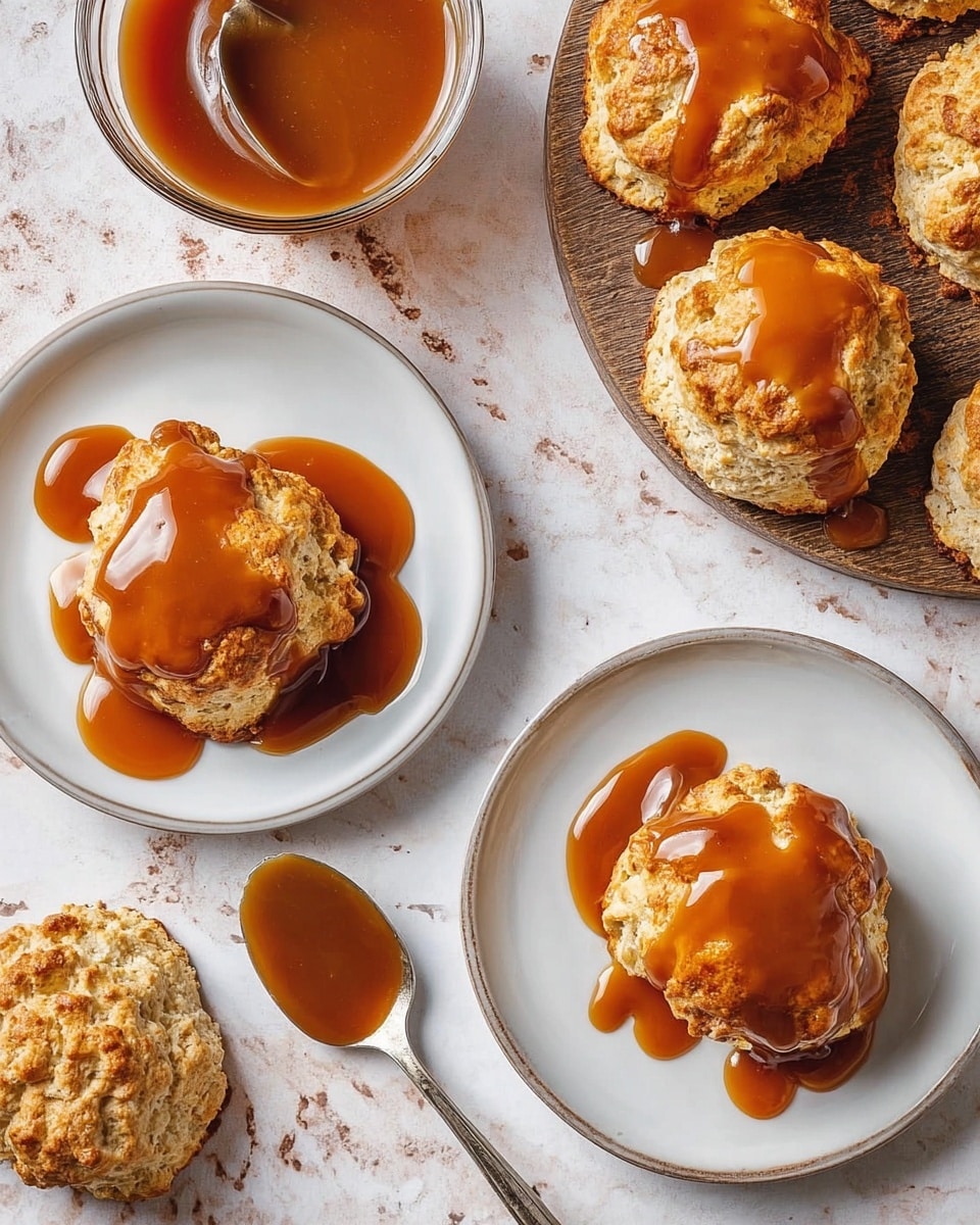 The image shows several round, golden brown scones with a rough, crumbly texture, topped with thick, glossy caramel sauce that drips down the sides and pools on the white plates below. There are two white plates, each holding one scone, placed on a white marbled surface. To the right, several more scones are on a wooden board, also covered with caramel sauce. A spoon with caramel sauce dripping from it lies near the plates, and a glass bowl with more caramel sauce is in the upper center of the image. Photo taken with an iphone --ar 4:5 --v 7