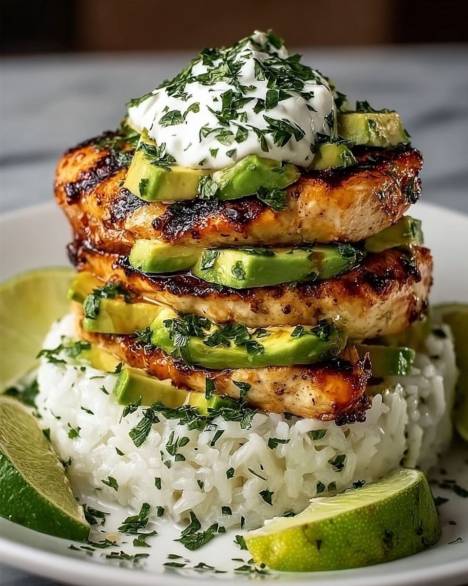 A tall stack of three layers of grilled chicken breasts with a golden-brown char, each layer separated by thick, chunky slices of bright green avocado sprinkled with finely chopped green herbs. The base is a bed of fluffy white rice dotted with herbs, with fresh lime wedges placed around the edges of the white plate. On top of the top chicken layer is a dollop of white sour cream with more fresh green herbs scattered over it. The dish sits on a white marbled surface. photo taken with an iphone --ar 4:5 --v 7
