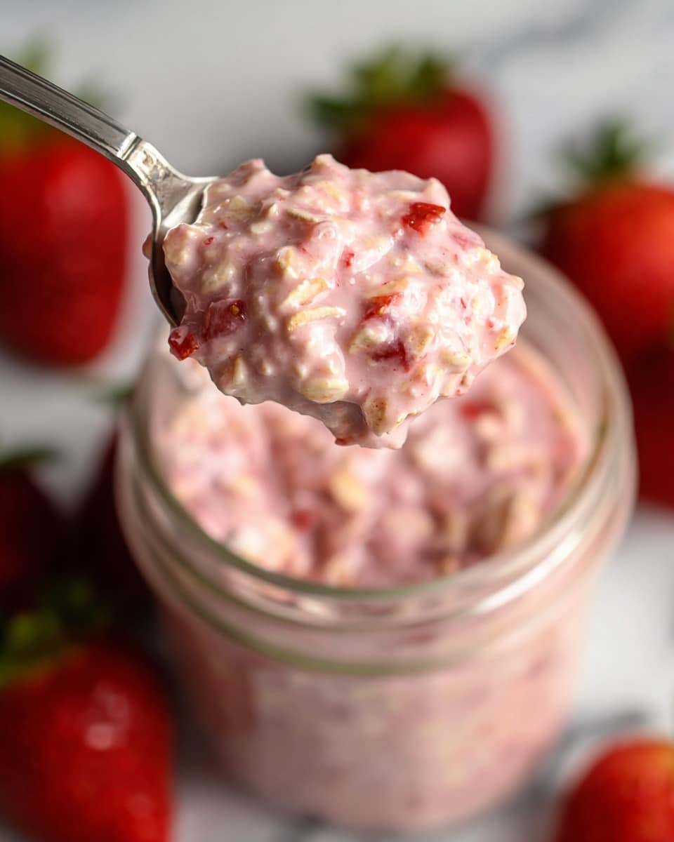 A close-up of a spoon holding a creamy mixture with visible oats and small pieces of red strawberry, showing a smooth, slightly chunky texture in light pink color; the spoon hovers over a clear glass jar filled with the same creamy strawberry oat mixture, with parts of fresh red strawberries around the jar on a white marbled surface; the background is softly blurred to keep focus on the spoonful of the layered pink oat and strawberry blend photo taken with an iphone --ar 4:5 --v 7