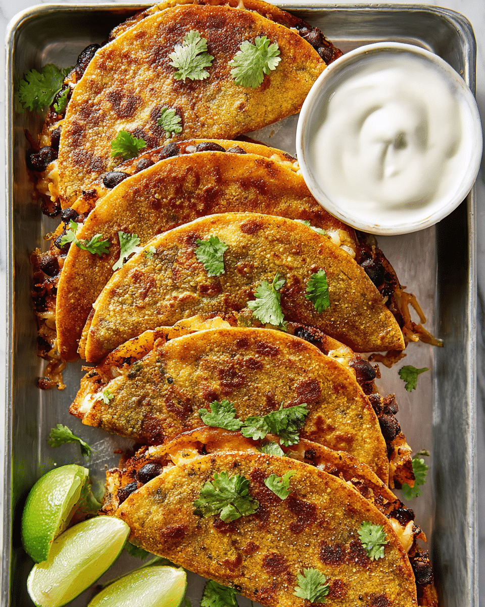 The image shows five crispy, folded corn tortillas forming tacos, arranged closely on a metal tray with a few fresh green cilantro leaves scattered on top. The tortilla shells have a golden brown color with spots of darker brown, the edges are crunchy and slightly browned with black beans and melted cheese visible at the seams. On the bottom left, there are two lime wedges with a bright green color. On the top right corner, there is a small white bowl filled with smooth white sour cream, placed on the metal tray. The background is a white marbled texture. photo taken with an iphone --ar 4:5 --v 7