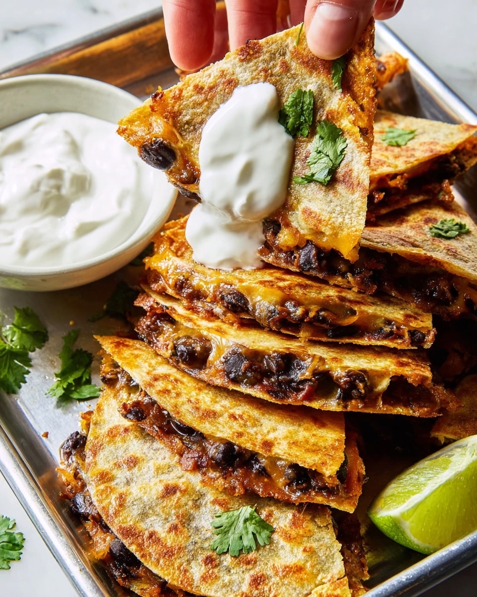 A stack of crispy golden-brown quesadillas folded in half, each showing a dark filling of black beans and melted cheese peeking through the edges, scattered with green cilantro leaves on top and around. A woman's hand is holding one quesadilla corner, dipping it into a small white bowl filled with thick, creamy white sour cream. A lime wedge with a bright green skin rests on the white marbled surface beside the quesadillas. The quesadillas are placed on a shiny metal tray, with a textured, slightly crunchy appearance on the edges where the cheese has melted and browned. Photo taken with an iphone --ar 4:5 --v 7