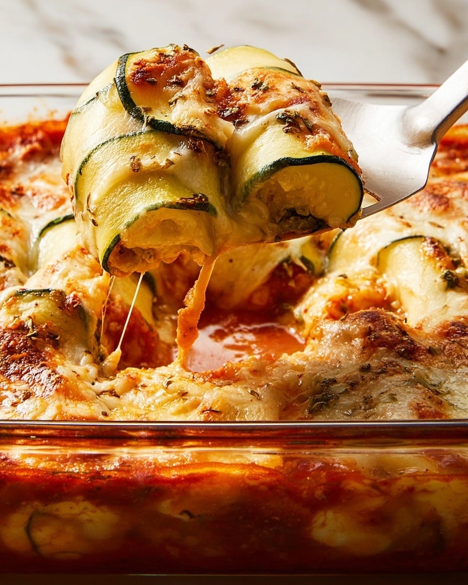 The image shows a close-up of a baked zucchini roll casserole in a clear glass dish. The dish is filled with rolled zucchini slices that are pale green with dark green edges, layered with melted, golden-brown cheese on top. The cheese has a bubbly, slightly crispy texture with some browned spots. Below the zucchini rolls, there is a layer of rich, reddish-orange tomato sauce with visible herbs and spices. A metal spatula is lifting one zucchini roll out, showing gooey, stretchy melted cheese inside. The casserole rests on a white marbled surface. photo taken with an iphone --ar 4:5 --v 7