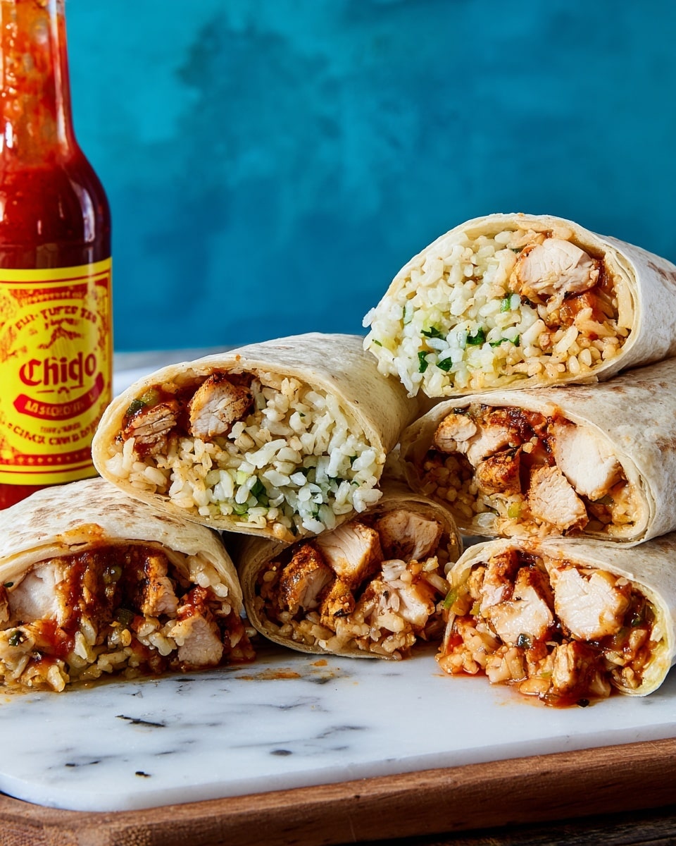 The image shows a stack of three halves of a burrito, placed one on top of the other on a wooden board with a wedge of lime beside them. Each burrito half displays clear layers starting with a soft, yellowish tortilla wrap on the outside, inside which there is a layer of white rice mixed with green herbs seen as small green flecks. Below the rice, there is a layer of brown beans mixed with sauce. The central filling consists of thick, firm, light brown pieces of seasoned tofu. The fillings appear cooked and juicy with some sauce seeping through. The scene is set against a blue background on a white marbled surface. photo taken with an iphone --ar 4:5 --v 7
