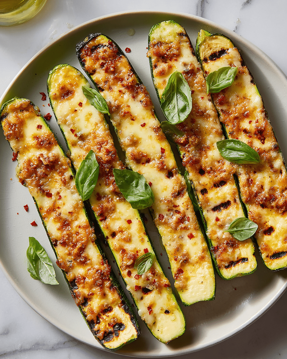 There are six long zucchini halves arranged side by side on a large white plate. Each zucchini half is topped with a layer of melted golden cheese mixed with small browned bits, giving a slightly crispy texture on top. The zucchinis are grilled, showing charred grill marks and a bright green edge with soft yellow-green inside. Fresh green basil leaves are scattered over the zucchinis, and some red chili flakes are sprinkled on top. The plate sits on a white marbled surface. Photo taken with an iphone --ar 4:5 --v 7