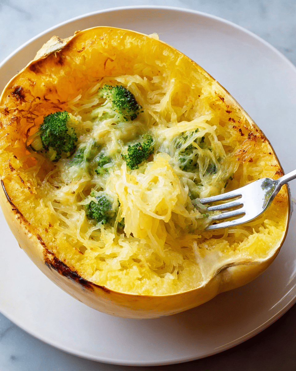 The image shows a white plate holding a half spaghetti squash with a fork inside it. The squash has a golden-yellow outer shell with some brown roasted spots around the edges. Inside, there is a glossy layer of soft, stringy pale yellow squash flesh mixed with melted light yellow cheese. Scattered in the middle are a few bright green small broccoli florets. The fork is silver and partially dipped into the squash strands as if scooping some out. The whole scene is set on a white marbled surface. photo taken with an iphone --ar 4:5 --v 7