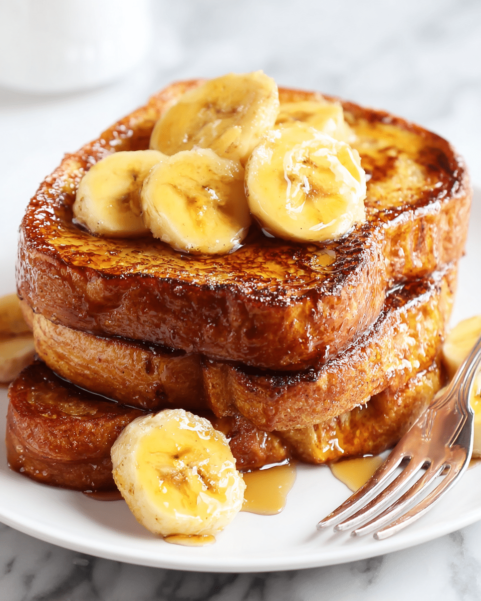 Two thick slices of golden brown French toast are stacked on a white plate with a shiny fork beside them. The toast has a crispy, caramelized surface with a slightly darker edge. On top and around the toast, there are several slices of cooked banana, which are yellow with a glossy coating, likely from syrup. The background is a white marbled surface. photo taken with an iphone --ar 4:5 --v 7