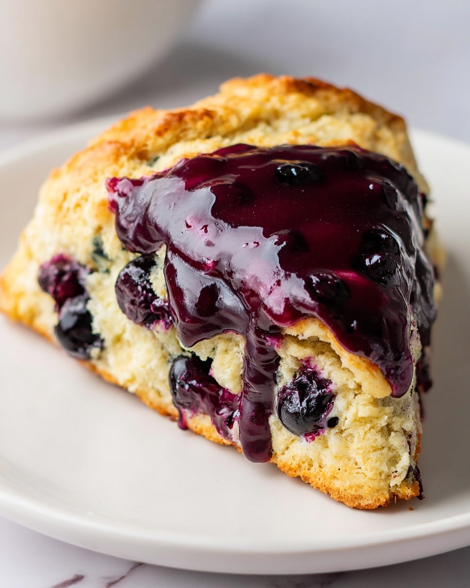 A single triangular scone sits on a white plate with a white marbled background. The scone has two main layers: the base is golden-brown and flaky with a soft, crumbly texture, studded with whole, deep purple blueberries that burst with juice. The top layer is a thick, smooth, dark purple glaze that slightly drips over the edge, creating a shiny contrast to the pale baked dough below. The scone's edges are slightly browned, showing a crispy outer layer. Photo taken with an iphone --ar 4:5 --v 7
