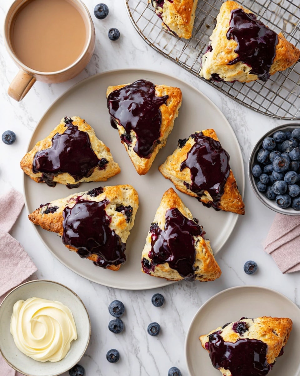The image shows eight golden brown triangular scones, each topped with a thick, glossy dark purple blueberry glaze that covers about half of each scone's top surface. The scones have a flaky texture visible around the edges with bits of blueberries inside. Five scones are placed on a round white plate, two scones sit on a metal cooling rack below, and two more are on small white plates to the right and top right. A white bowl full of fresh blueberries is placed to the right side. A beige mug containing light brown tea or coffee is seen on the top left corner on a white marbled surface, with a few scattered blueberries nearby. A small round white bowl with a swirl of soft white butter is located on the bottom left. Photo taken with an iphone --ar 4:5 --v 7