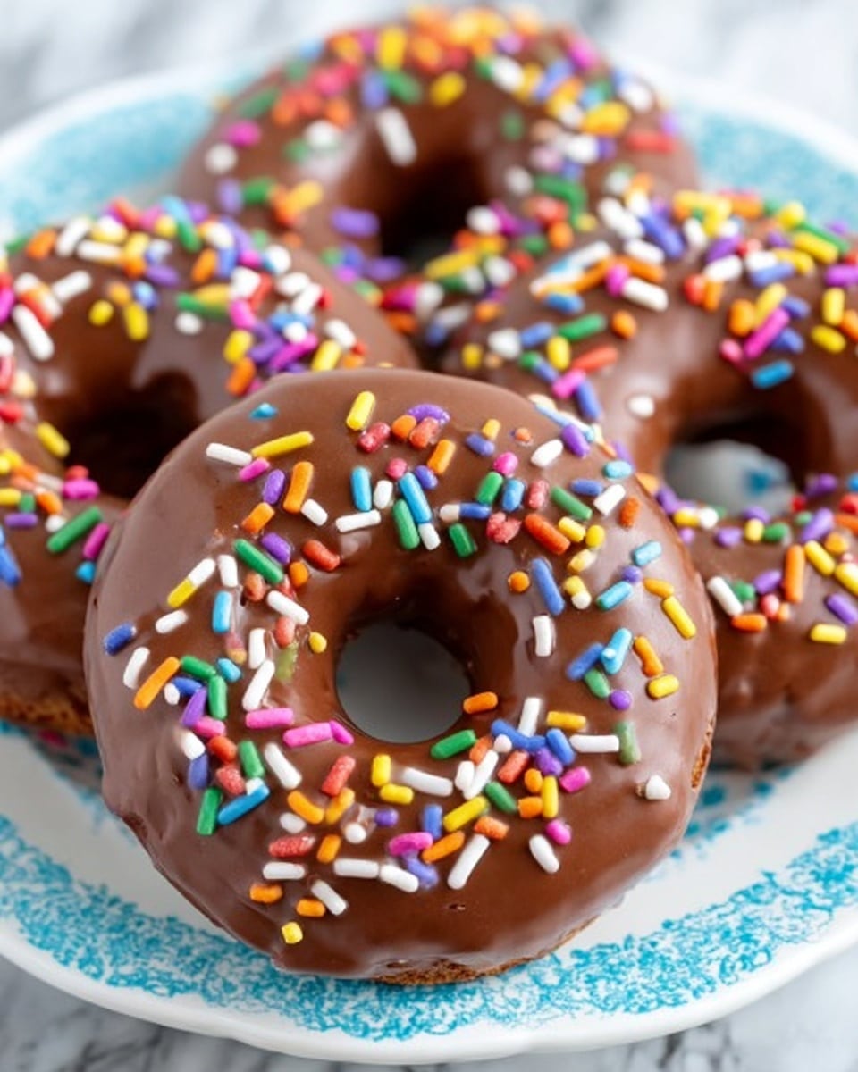 The image shows a close-up of three doughnuts arranged closely on a white plate with delicate cut-out patterns. Each doughnut has a smooth light brown glaze covering the entire top and sides, with colorful long sprinkles scattered over the glaze. The sprinkles are bright, including red, pink, orange, yellow, green, blue, purple, and white. The doughnuts have a soft and fluffy texture and the hole in the middle is clearly visible. The background features a soft focus of a light blue tone that does not distract from the doughnuts. photo taken with an iphone --ar 4:5 --v 7
