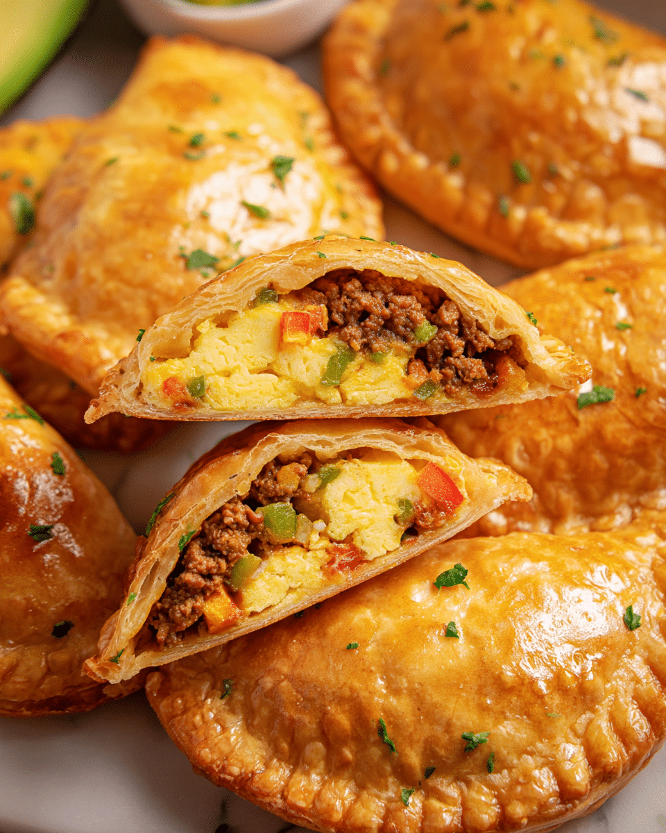 The image shows a close-up of several golden brown empanadas with a crispy, shiny crust, arranged on a white marbled surface. One empanada is cut open to show its filling, which has three layers: a top light yellow layer of scrambled eggs with a soft, fluffy texture; a middle layer of finely chopped mixed vegetables that are small and colorful, including red and green pieces; and a bottom layer of crumbled seasoned beef, rich brown with bits of onion. Small green parsley bits lightly garnish some empanadas on the side. A slice of avocado is slightly visible in the corner. photo taken with an iphone --ar 4:5 --v 7