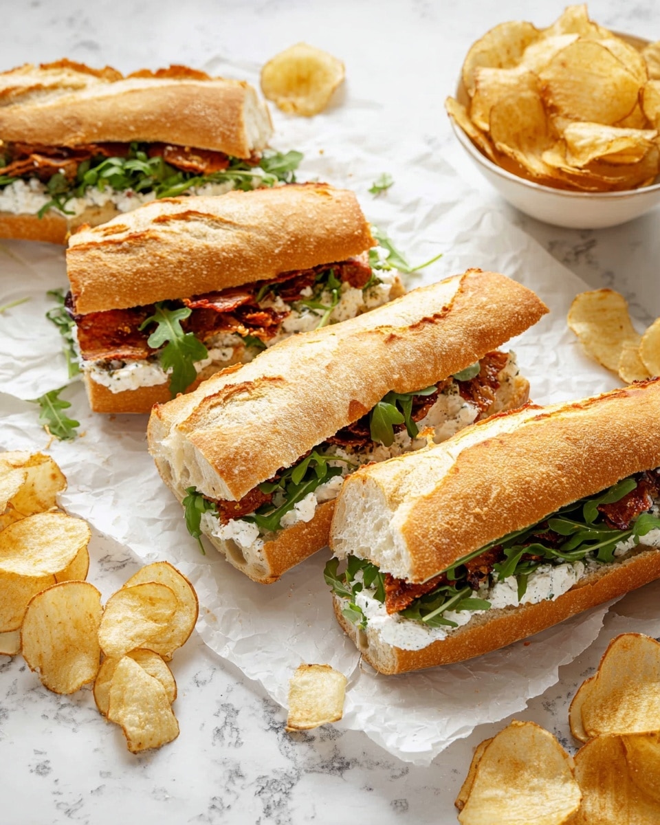 The image shows four sandwich halves made with crusty baguette bread, placed on white parchment paper over a white marbled surface. Each sandwich has three visible layers: the bottom layer is green leafy arugula, the middle layer consists of thinly sliced meat with a reddish tint, and the top layer is a spread of white creamy sauce, all held together by the light golden brown, slightly toasted baguette halves with crispy crust. Around the sandwiches, there are golden, crispy potato chips scattered, with a white bowl filled with more chips on the right side. photo taken with an iphone --ar 4:5 --v 7
