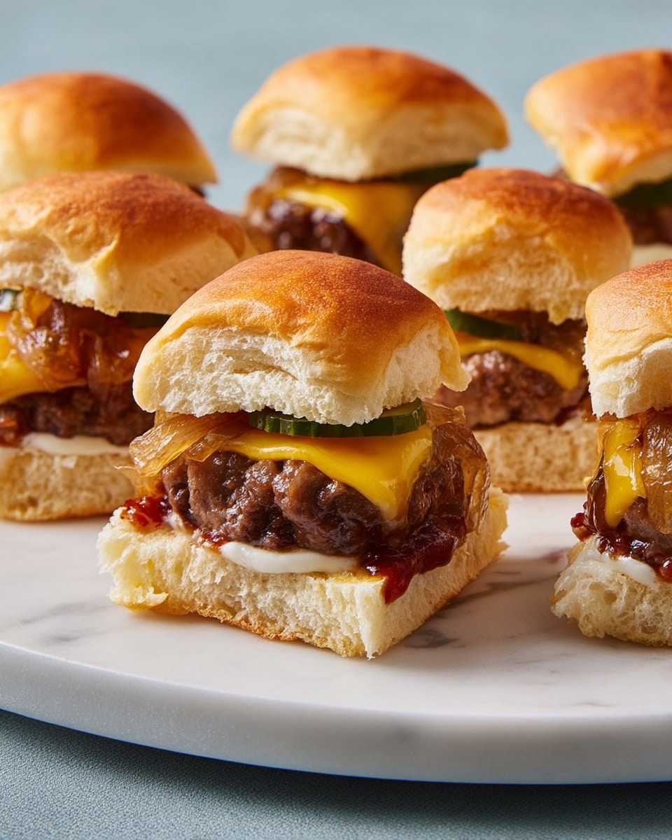 A close-up of several small burgers arranged on a white plate. Each burger has a soft, light brown bun top with a slightly shiny texture. The bottom bun is white and fluffy. The first layer on the bottom bun is a spread of creamy white sauce. On top of that, there is a thick, juicy, brown grilled meat patty. Some burgers have melted yellow cheddar cheese carefully placed on the patty with a layer of cooked caramelized onions that are glossy and golden-brown. One burger has thin, crinkled, green pickles adding a fresh look. The white plate is set against a white marbled surface, enhancing the food’s vibrant colors and textures. Photo taken with an iphone --ar 4:5 --v 7