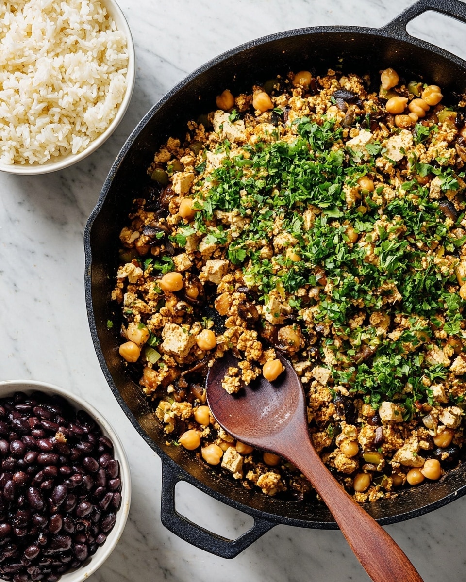 A large black cast-iron skillet filled with a cooked mixture of three layers: the bottom layer is a mix of crumbled tofu and diced mushrooms, light beige and dark brown in color, the middle layer has small tan chickpeas evenly scattered throughout, and the top layer is fresh, bright green chopped herbs sprinkled generously over the dish. A wooden spoon with a dark brown handle is resting inside the skillet, touching the food. To the left, two white bowls sit on a white marbled surface, one filled with white rice and the other with black beans. photo taken with an iphone --ar 4:5 --v 7