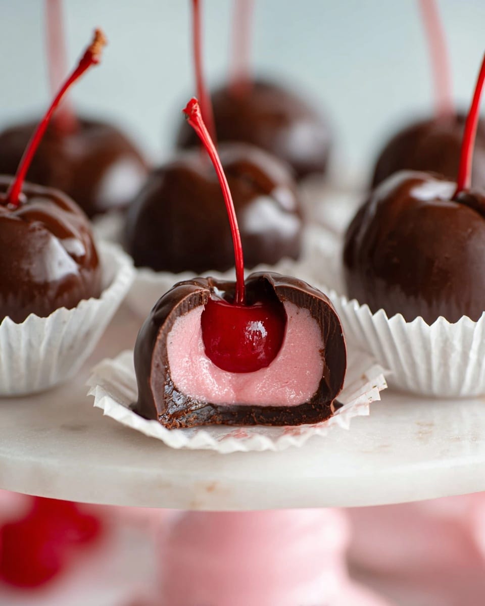 The image shows a close-up of chocolate-covered cherries arranged in white paper cups on a pink cake stand. The focus is on one cherry cut in half at the front, revealing three layers: a shiny dark brown chocolate outer shell, a thick soft pink cream layer in the middle, and a bright red cherry with a stem inside. The chocolate shell has a smooth texture with some cracks near the cut. The cherry’s red stem sticks out from the top, adding height. The surface under the stand is a white marbled texture blurred softly in the background. Photo taken with an iphone --ar 4:5 --v 7