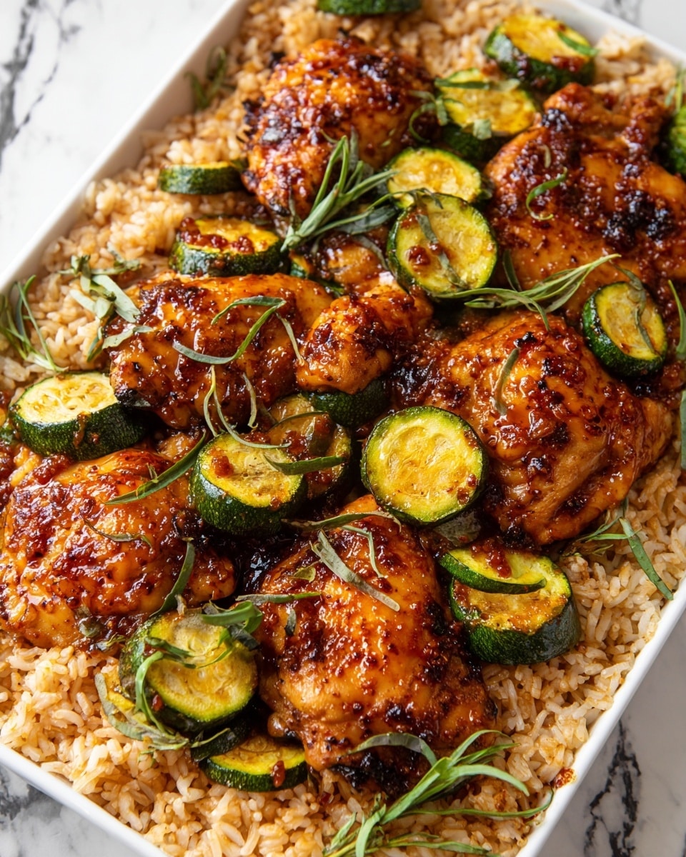 The image shows a white rectangular dish filled with a layer of cooked light brown rice spread evenly as the base. On top, there are several pieces of browned, grilled chicken thighs with a shiny, slightly sticky glaze that gives a rich reddish-brown color with visible spices and herbs. Scattered around and on the chicken are thick slices of sautéed green zucchini with slight charring on the edges. Fresh green herb sprigs are placed on top as garnish, adding a vibrant contrast to the warm colors of the dish. The background is a white marbled texture. photo taken with an iphone --ar 4:5 --v 7