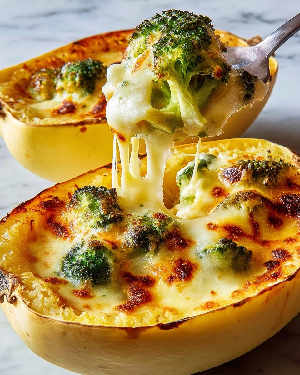 The dish shows two halves of a baked spaghetti squash filled with a creamy, melted cheese sauce topped with green broccoli florets grilled lightly on top. The top layer is golden brown with cheesy bubbles, while the cheese is gooey and stretchy, holding a spoon lifting up a piece that reveals the thick sauce beneath and broccoli inside. The smooth, pale yellow spaghetti squash shells cradle the filling on a white marbled surface. photo taken with an iphone --ar 4:5 --v 7