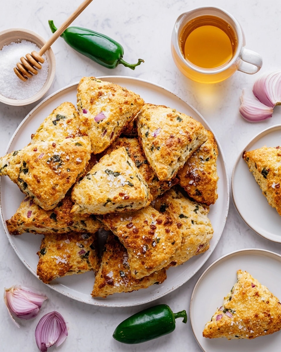 A white plate sits on a white marbled surface filled with a pile of golden brown triangular scones, each with a crispy and flaky texture showing bits of green herbs and small purple onion pieces. The scones are sprinkled with coarse sea salt that adds a light sparkle on top. Around the main plate, there are two white plates, each holding a single scone of the same color and texture. To the left side of the main plate, a small white dish filled with coarse salt and a clear white dish with honey and a wooden honey dipper are placed. There are two whole green jalapeños and one cut shallot with light purple onion rings lying flat on the white marbled surface nearby. The image looks bright and fresh, with natural lighting highlighting the golden crust and texture of the scones. photo taken with an iphone --ar 4:5 --v 7