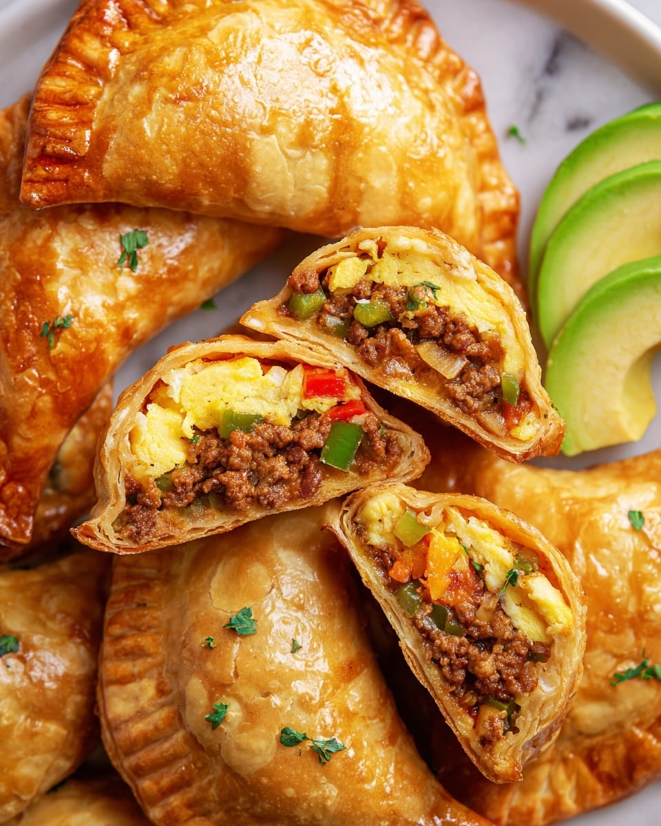 The image shows several golden brown empanadas with a shiny, slightly crispy crust. They are close together, with two empanadas split open in the center, revealing a layered filling. The filling has a base layer of light yellow scrambled eggs mixed with bits of orange, above which is a brown, crumbly meat mixture combined with small pieces of red and green peppers and onions. Small green herb pieces are sprinkled on top of the empanadas. On the side, there are slices of green avocado with a smooth texture. The empanadas are on a white plate, set against a white marbled textured surface. Photo taken with an iphone --ar 4:5 --v 7