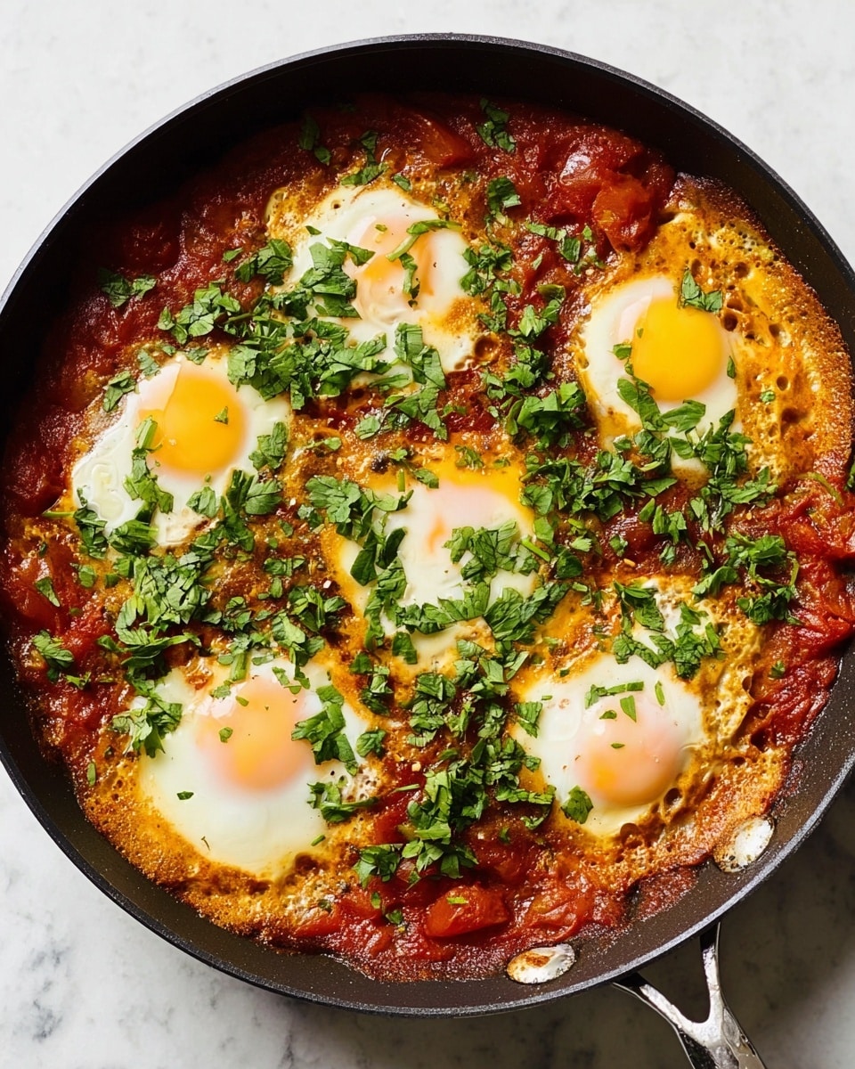 A black pan filled with six cooked eggs, each with bright yellow yolks and edges of white that have browned slightly from cooking; the eggs sit on a thick layer of rich red tomato sauce with chunks of tomatoes scattered throughout. The dish is topped with fresh green chopped herbs evenly spread over the eggs and sauce. The pan rests on a white marbled surface, with the pan handle visible on the right side. photo taken with an iphone --ar 4:5 --v 7