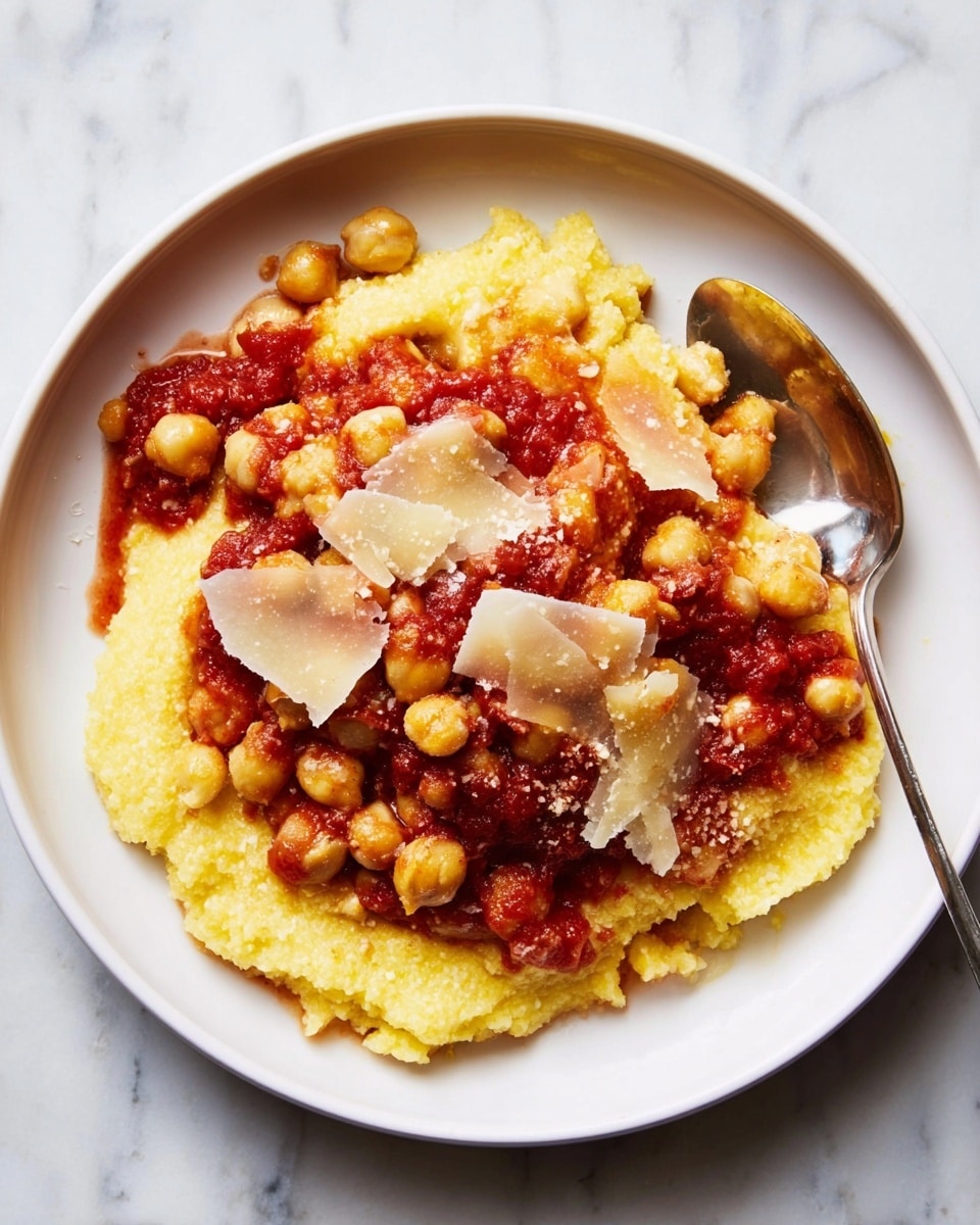 The image shows a white plate filled with a base layer of soft, yellow mashed polenta with a slightly crumbly texture. On top, there is a thick layer of bright red tomato sauce mixed with whole chickpeas, giving a chunky and hearty look. Scattered over the sauce are thin, translucent slices of pale yellow cheese. A silver spoon rests on the right side of the plate, partially in the food, and the plate sits on a white marbled surface. photo taken with an iphone --ar 4:5 --v 7