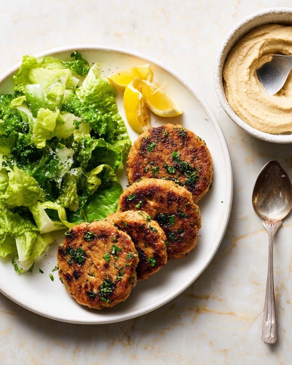 The image shows a white plate with three golden-brown, pan-fried patties arranged in a slight diagonal line on the right side, each patty sprinkled with chopped green herbs and having a slightly crispy texture. On the left side of the plate, there is a fresh green salad made of roughly chopped romaine lettuce leaves, next to three small lemon wedges that are bright yellow. To the right of this main plate, a white bowl contains creamy, pale beige hummus with a smooth texture, and a silver spoon rests inside the bowl on a white marbled surface. photo taken with an iphone --ar 4:5 --v 7