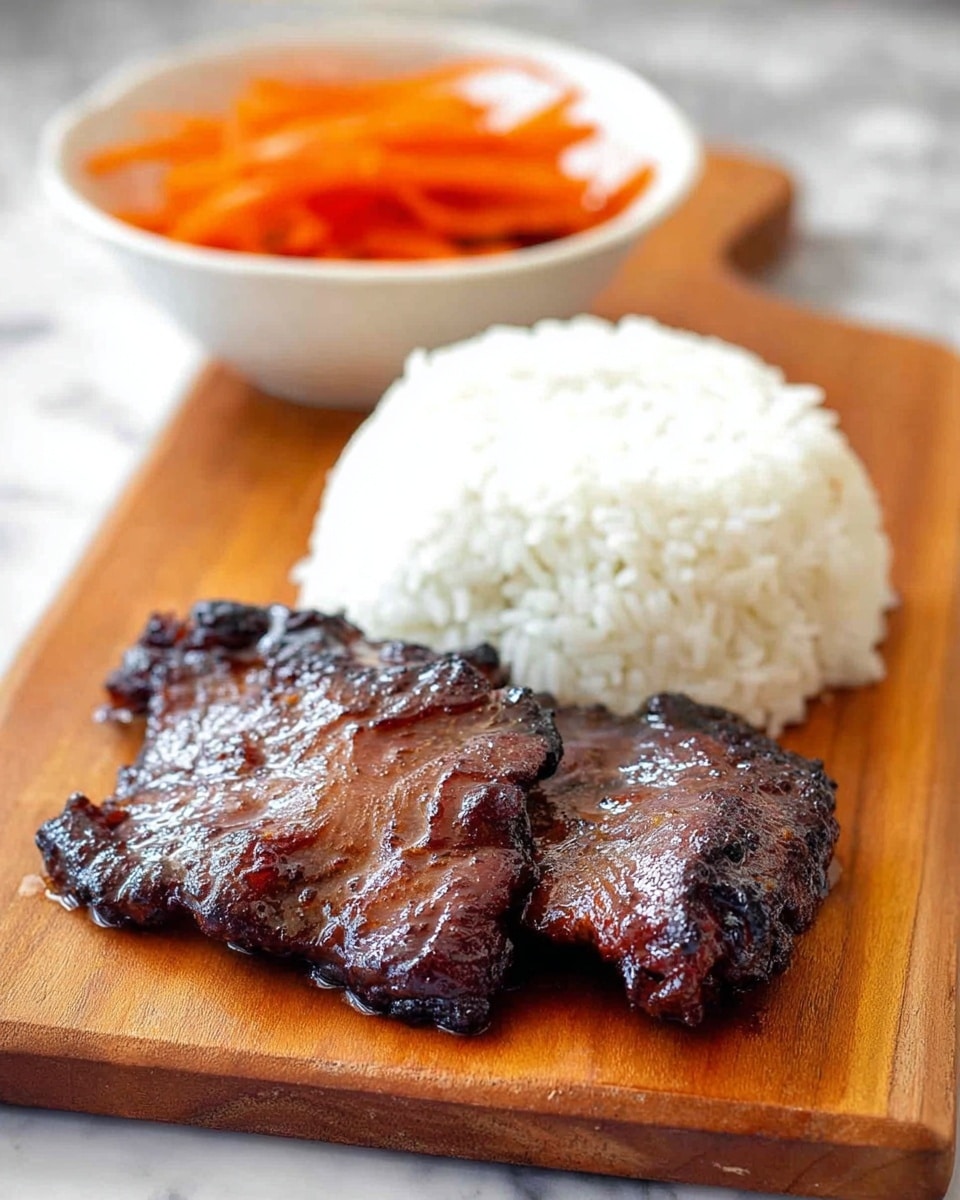 The image shows a meal served on a wooden board with two main parts: a dark brown grilled meat piece in the front with a shiny, slightly charred surface and juicy texture, and a mound of white rice with fluffy and soft grains behind it. In the background, there is a white bowl with thin orange carrot slices, all placed on a white marbled surface. Photo taken with an iphone --ar 4:5 --v 7