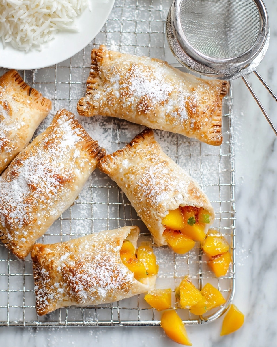 Inside a black air fryer basket with small holes, there are six golden-brown, crispy spring rolls, each rolled and folded tightly with a slightly bubble-textured surface, arranged evenly with two near the top, one in the center, and three towards the bottom. In the background, on a white marbled surface, a white plate with a metal fork and knife sits beside a wooden bowl filled with coarse white salt. Two red peaches and a small white bowl with white powdered sugar and a metal spoon rest near the top edge of the air fryer. A white cloth and gray striped cloth partially frame the scene. Photo taken with an iphone --ar 4:5 --v 7