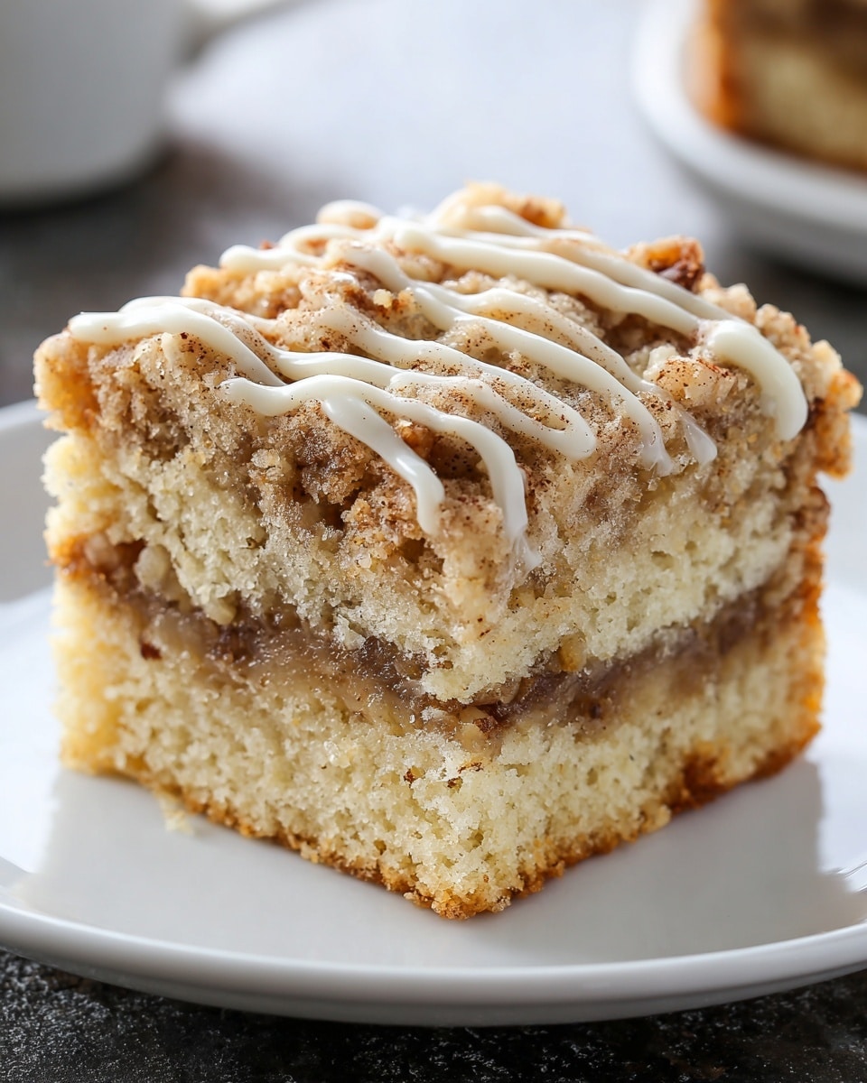 A close-up of a square piece of crumb cake placed on a white plate, showing three clear layers. The bottom layer is light tan, soft, and spongy with visible small nut pieces. The middle layer is a thin, darker brown, smooth filling swirling through the cake. The top layer is crumbly and golden brown with a rough texture, sprinkled with small cinnamon bits. White icing is drizzled in thin, wavy lines across the top crumb layer. The setting is a white marbled texture. Photo taken with an iphone --ar 4:5 --v 7