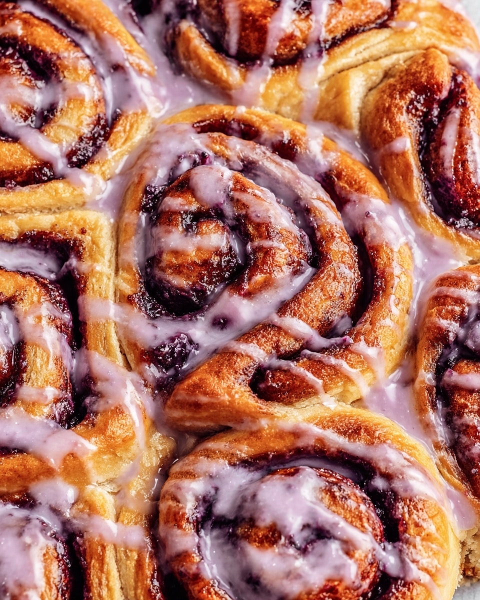 This close-up image shows a batch of cinnamon rolls arranged closely together with a visible soft, golden-brown dough twisted around dark, rich cinnamon filling inside. The rolls are generously drizzled with a light purple icing that flows unevenly over their tops, adding a glossy texture. The cinnamon filling is dark brown and slightly caramelized, creating contrast with the warm, light dough. The arrangement highlights the swirled layers of dough and filling, with the purple icing sitting lightly on top. The photo is taken against a white marbled textured surface. photo taken with an iphone --ar 4:5 --v 7