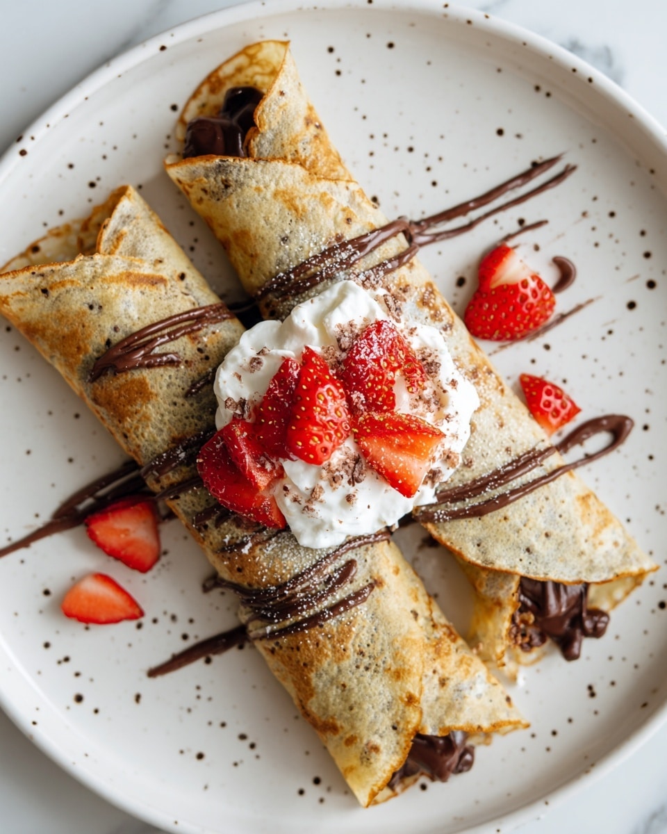 Two thin light brown crepes are rolled and placed side by side on a white plate with small speckles. The crepes are filled with dark melted chocolate that peeks out from both ends and is drizzled on top in thin lines. On one crepe, there is a dollop of white whipped cream, topped with small bright red chopped strawberries. More chocolate drizzle is scattered around the plate. The plate is set on a white marbled surface. Photo taken with an iphone --ar 4:5 --v 7